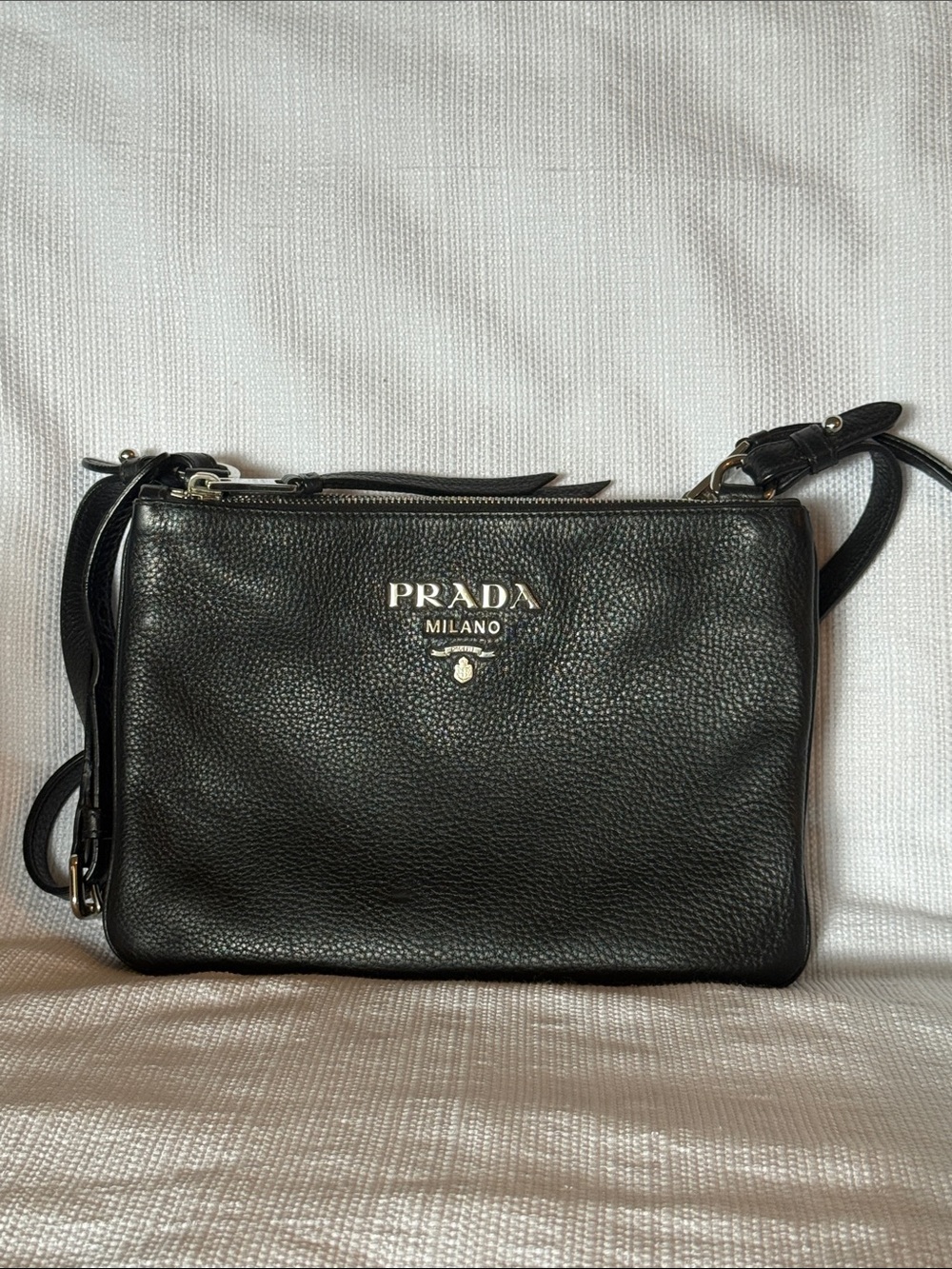 Prada Black Pebbled Leather Crossbody Double Zip Bag with Silver Logo